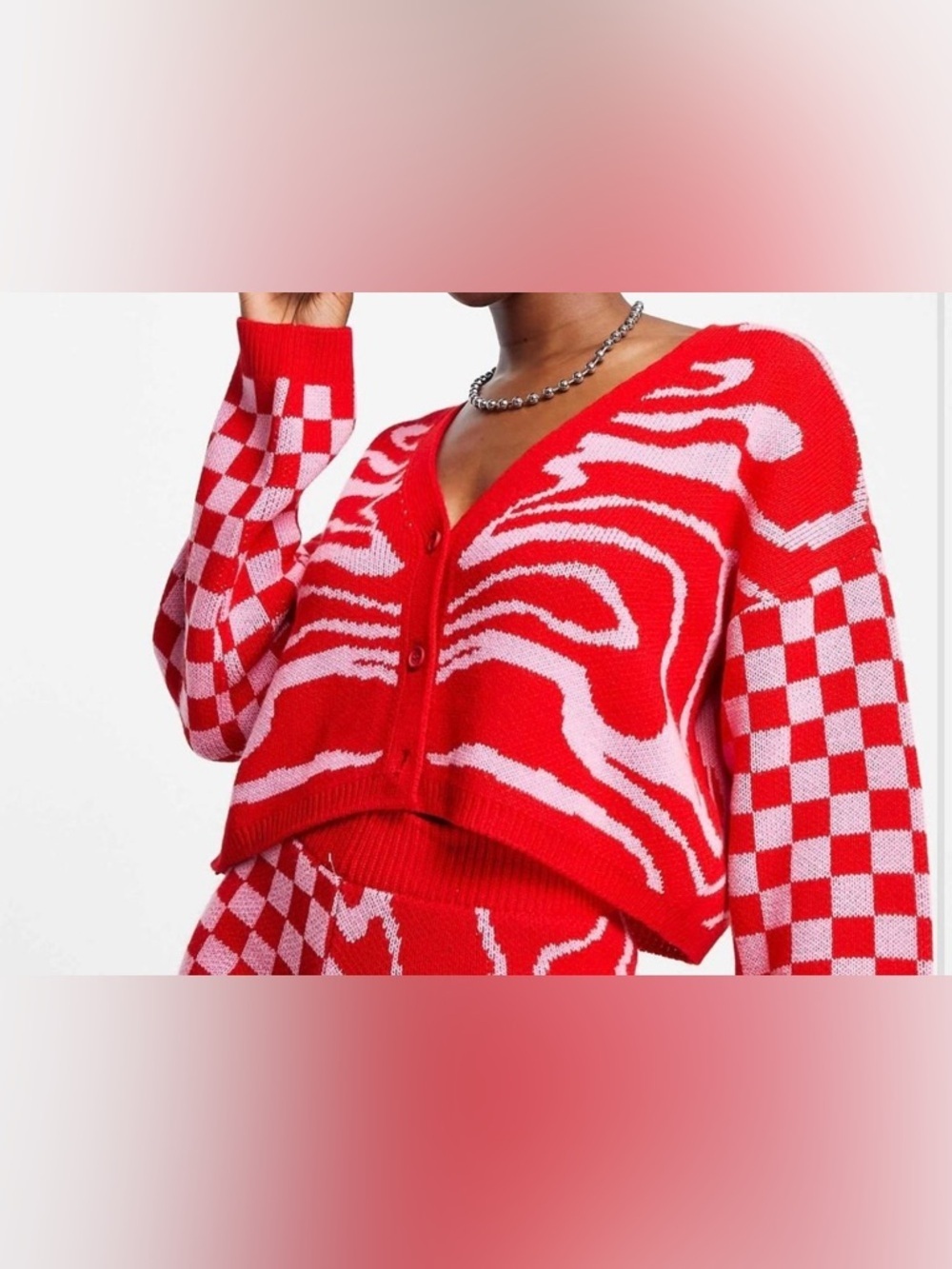 Collusion Red and Pink Patterned V-Neck Button Cardigan Sweater Sz 2
